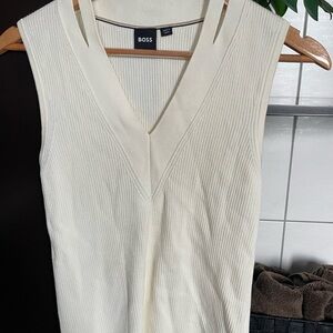 BOSS Cream Ribbed V-Neck Knit Tank with Contrast Trim